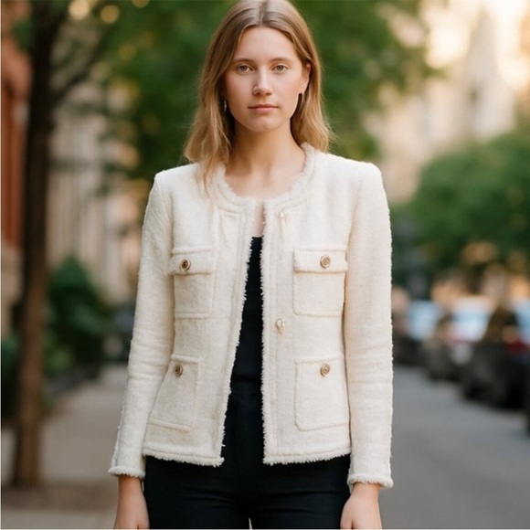 Nanette Lepore Cream & Gold Boucle Tweed Blazer NWT Sz Large - Picture 1 of 12